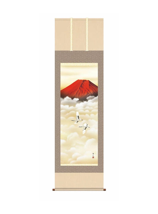 鈴村秀山(三美会) 赤富士双鶴 尺五