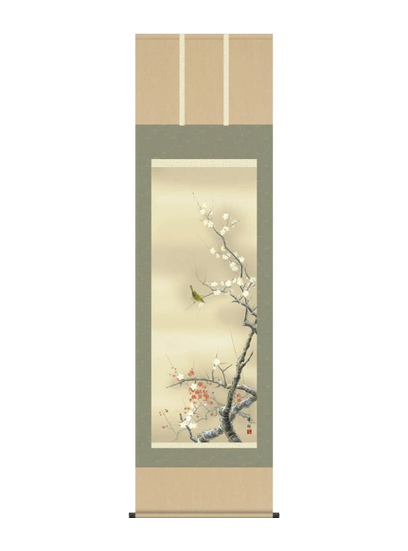 園田峰彩 春紅白梅に鶯 尺五