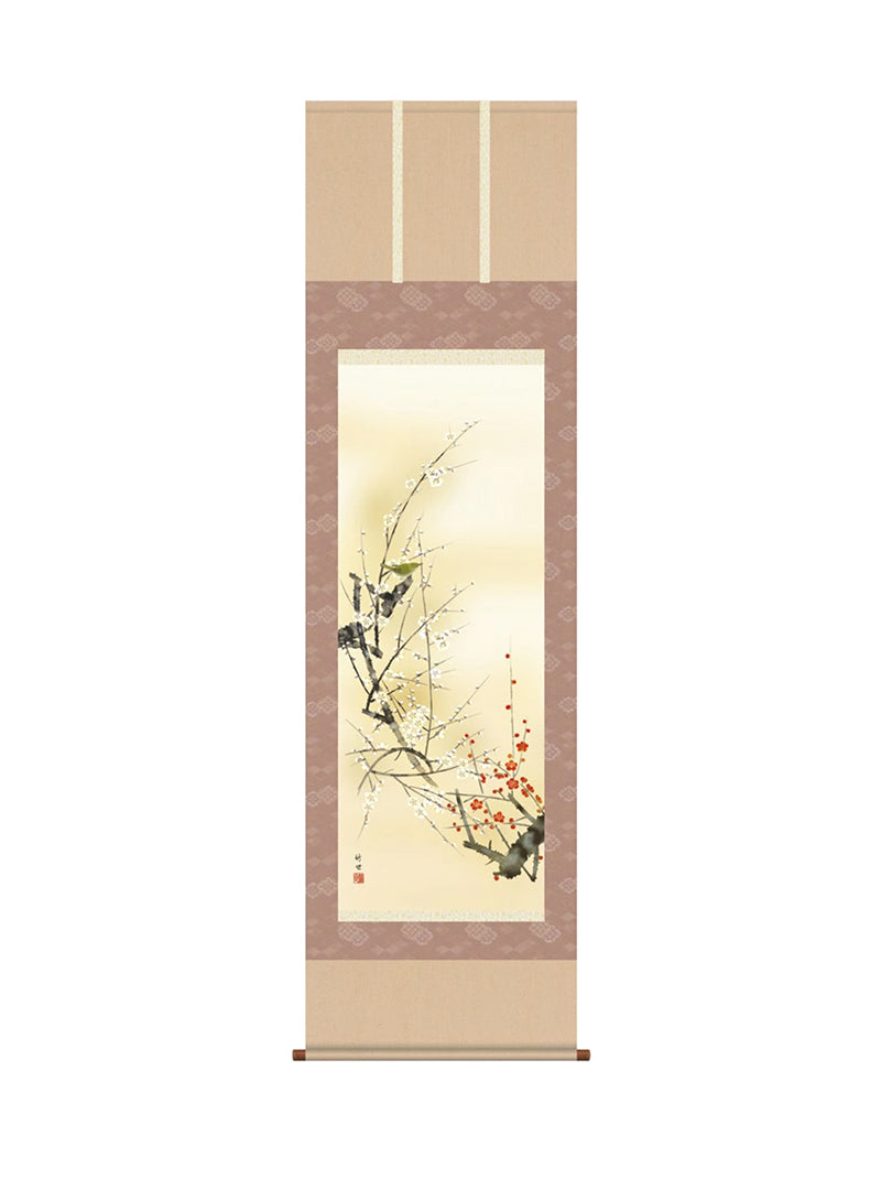 田村竹世 紅白梅に鶯 尺五