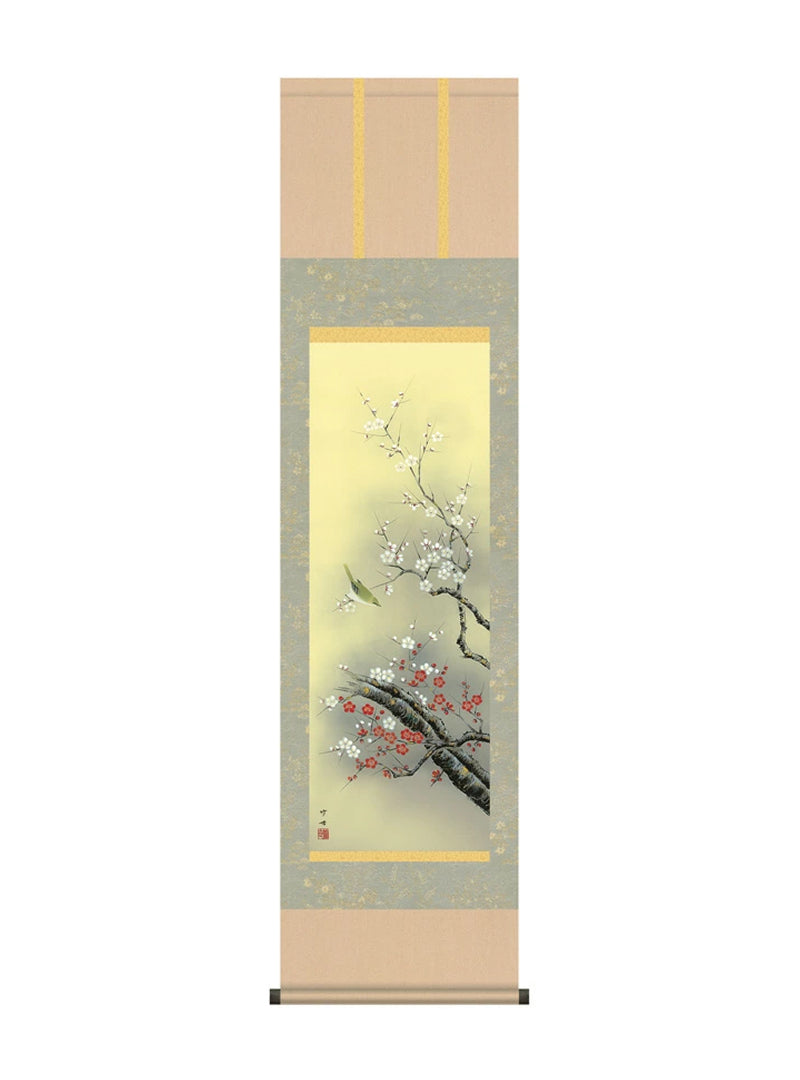 田村竹世 紅白梅に鶯 尺三